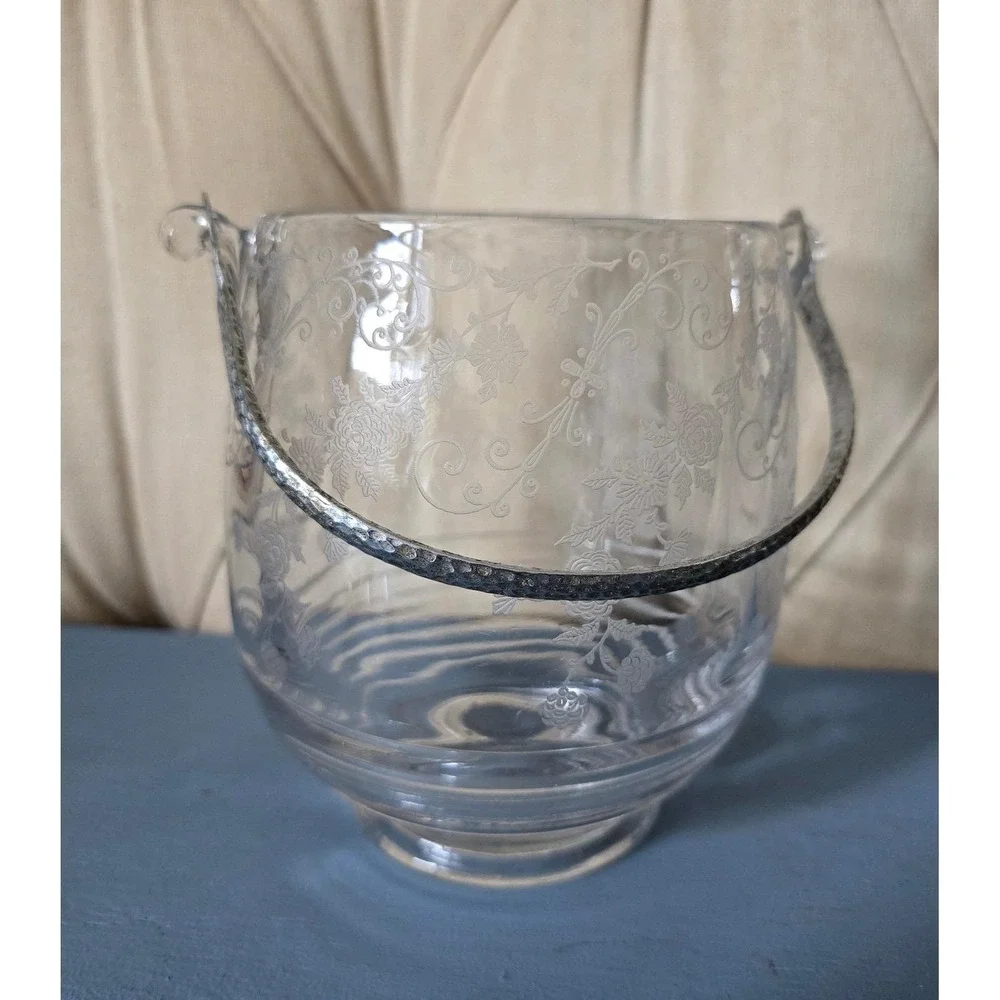 Vintage Depression Style Etched Floral Glass Ice Bucket With Metal Handle